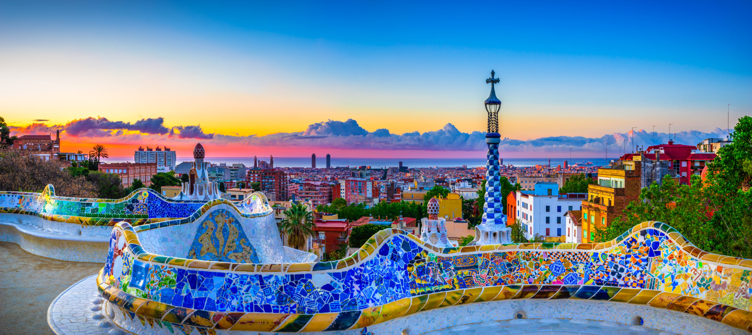 Skyline panorama of Barcelona at sunrise. Spain