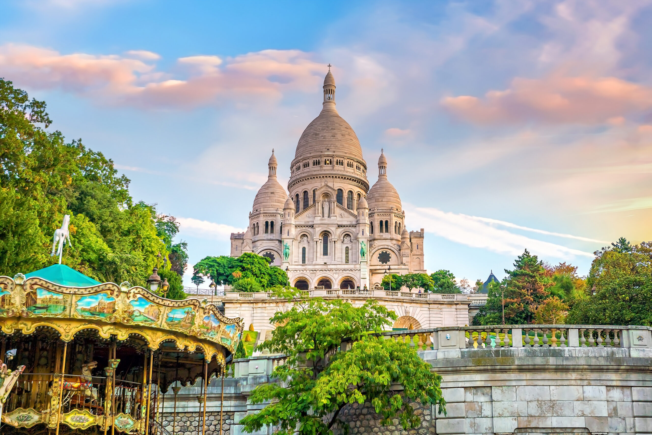 Sacre Coeur Cathedral on Montmartre Hill in Paris, France