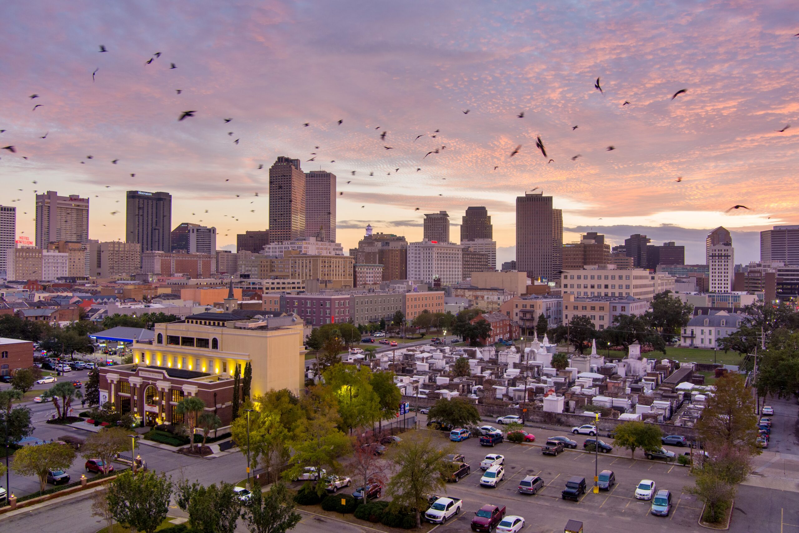 Aerial view of downtown New Orleans, Louisiana at sunset in November
