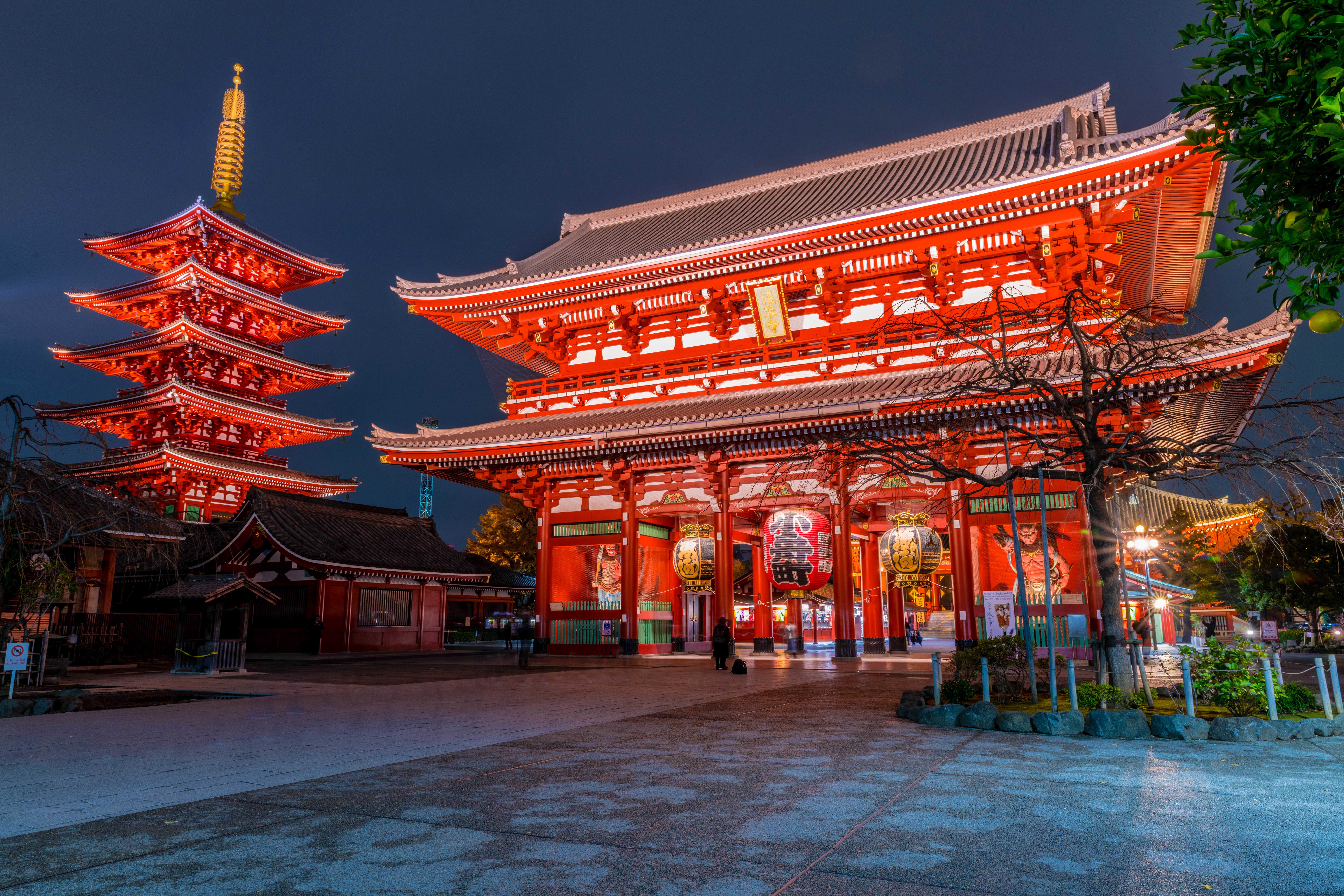 A panorama of the Hozomon gate and the five-story Senso-ji pagoda in Tokyo, Japan at night  Sens?-ji Tokyo Japan
