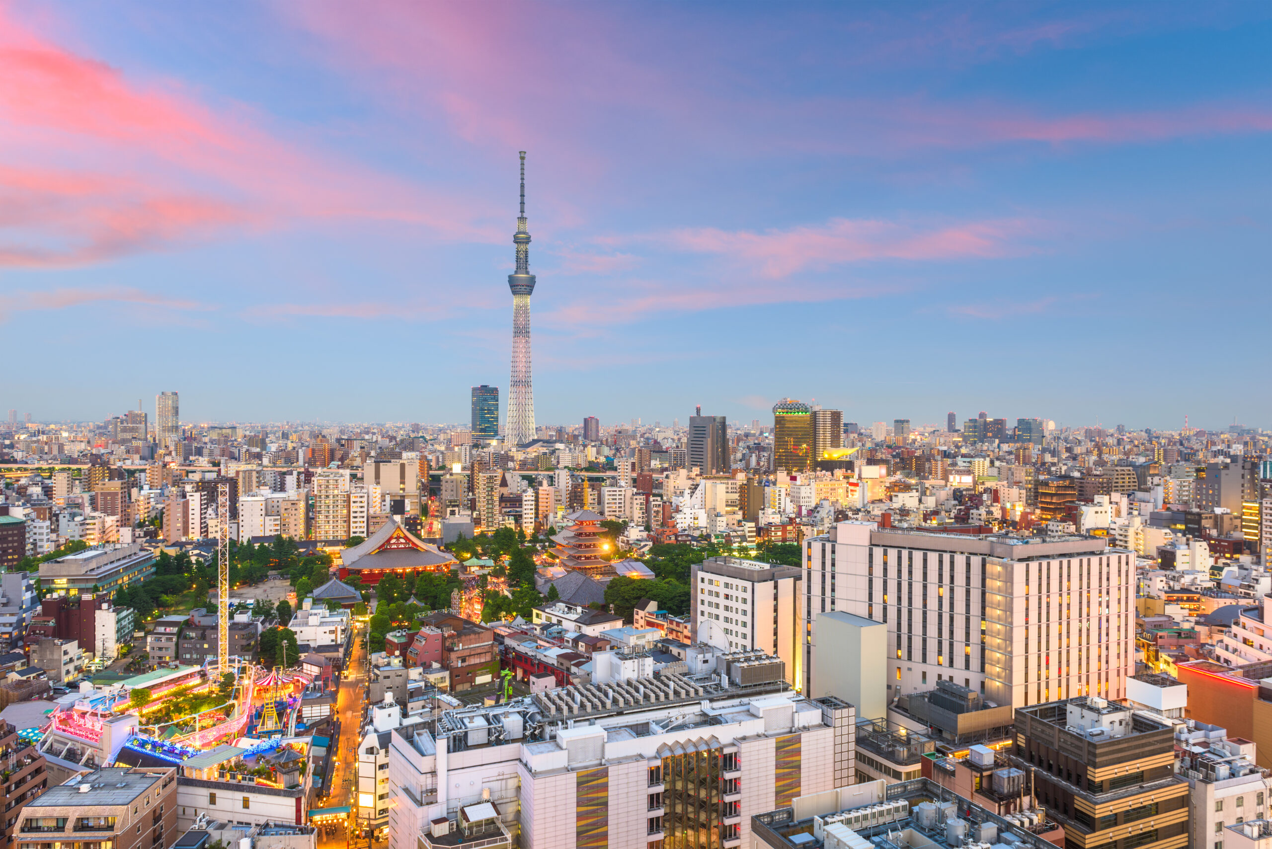 Tokyo, Japan city skyline over Asakusa at twilight.